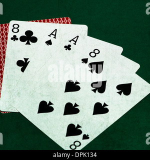 Poker Hands - Dead Man's Hand 2. Closeup view of five playing cards forming the famous poker dead man's hand Stock Photo