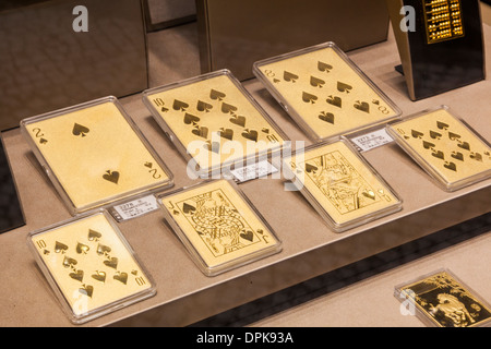 China, Macau, Gold and Jewellery Shop Window, Display of Gold Playing Cards Stock Photo