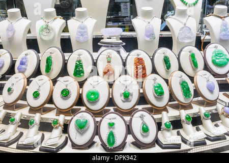 China, Macau, Jewellery Shop Window, Display of Jade Jewellery Stock Photo