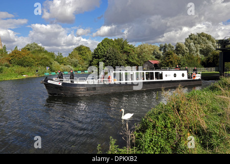 St Johns Ambulance boat 'Ladybird' leaving Houghton Lock on River Great Ouse Stock Photo