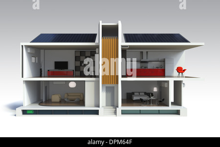 Illustration of energy efficient house,support by energy saving appliance, solar panels, home battery system. Stock Photo