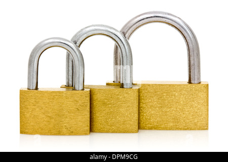 Three padlocks of different size in a row on white background Stock Photo