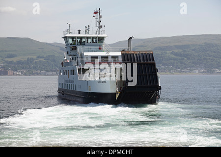 A Caledonian Macbrayne ferry departing from the island of Great Cumbrae to sail to Largs on the Firth of Clyde, North Ayrshire, Scotland, UK Stock Photo