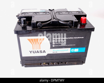 Yuasa car battery on white background. Stock Photo