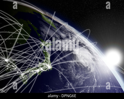 Network concept with sun rising over Japan viewed from space. Highly detailed planet surface with clouds and city lights. Elements of this image furnished by NASA. Stock Photo