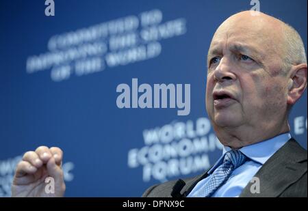 Geneva, WEF headquarters in Geneva. 15th Jan, 2014. Klaus Schwab, founder and executive chairman of the World Economic Forum (WEF), addresses a press conference at the WEF headquarters in Geneva, Jan. 15, 2014. The World Economic Forum (WEF) Annual Meeting scheduled for Jan. 22-26 in Davos of Switzerland would be a platform for global elites to probe into a variety of underlining issues in today's world, said founder of WEF on Wednesday. Credit:  Wang Siwei/Xinhua/Alamy Live News
