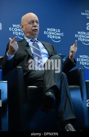 Geneva, WEF headquarters in Geneva. 15th Jan, 2014. Klaus Schwab, founder and executive chairman of the World Economic Forum (WEF), addresses a press conference at the WEF headquarters in Geneva, Jan. 15, 2014. The World Economic Forum (WEF) Annual Meeting scheduled for Jan. 22-26 in Davos of Switzerland would be a platform for global elites to probe into a variety of underlining issues in today's world, said founder of WEF on Wednesday. Credit:  Wang Siwei/Xinhua/Alamy Live News