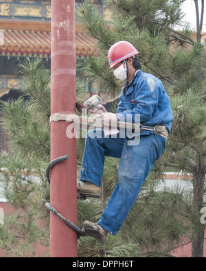 Beijing, China. 26th Oct, 2006. A maintenance worker, in safety harness, sands a pole in the Forbidden City, a major tourist attraction in Beijing. He wears a mask to protect against the notorious smog. © Arnold Drapkin/ZUMAPRESS.com/Alamy Live News Stock Photo