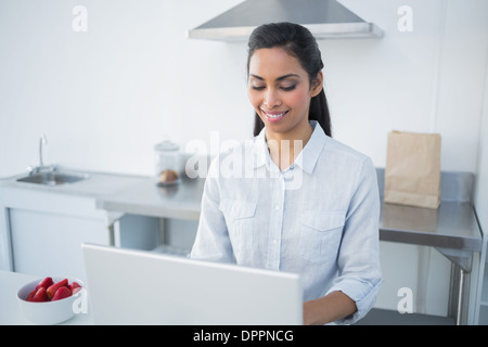 Lovely young woman working on notebook standing in bright kitchen Stock Photo