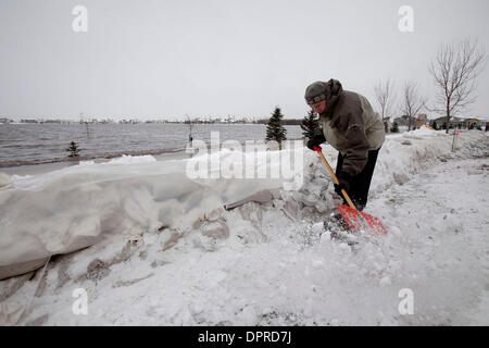 Mar 26, 2009 - Fargo, North Dakota, USA - Dr. Steve Berndt shovels snow in the Meadow Creek neighborhood of Fargo. volunteers add another foot of sand bags due to rising flood waters. The cities of Moorhead and Fargo are pushing to finish primary and secondary dikes by the end of Thursday in preparation for Friday's expected record crest of the Red River. (Credit Image: © Dave Arnt Stock Photo