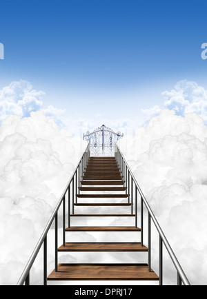 A depiction of the stairway to heavens pearly gates above the clouds on a clear blue sky background Stock Photo