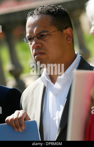 Apr 27, 2009 - Washington, DC, USA - Congressman KEITH ELLISON (D-MN) protests outside of the Embassy of Sudan. Protestors gathered to speak out against Sudan, claiming that the Darfur genocide has killed more than 400,000 civilians and shouting for the United States, China, the Arab League, The African Union and the European Union to bring peace to the region. (Credit Image: © Jam Stock Photo