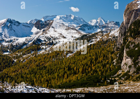 View from Passo Val Parola, south-westwards towards the Sella Group in autumn, after early snow; Dolomites, north Italy. Stock Photo
