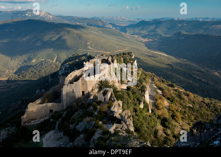 Ancient Cathar site of the Château de Peyrepertuse, Peyrepertuse Castle in early winter; Corbieres, France Stock Photo