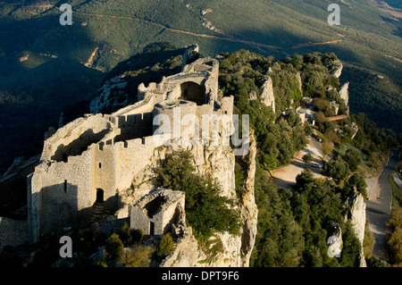 Ancient Cathar site of the Château de Peyrepertuse, Peyrepertuse Castle in early winter; Corbieres, France Stock Photo