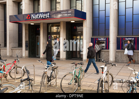 Exterior of NatWest bank Portsmouth branch with ATM and bicycle rack. Stock Photo