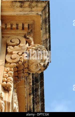 Sculptured Baroque balcony supports of the Palazzo Nicolaci in Noto, the Baroque town listed as World Heritage by UNESCO Stock Photo