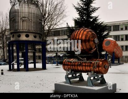 Jan 12, 2009 - Geneva, Switzerland - Old particle accelerator parts are mounted as sculptures on the CERN campus near Geneva. CERN (the European Centre for Nuclear Research) developed the Large Hadron Collider (LHC) to carry out research into high energy particle collisions.  (Credit Image: © George Grassie/ZUMA Press) Stock Photo