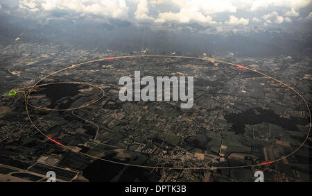 Jan 12, 2009 - Geneva, Switzerland - A photograph of an aerial depiction of the LHC tunnel and particle beams circulating, in the visitors centre at CERN near Geneva. CERN (the European Centre for Nuclear Research) developed the Large Hadron Collider (LHC) to carry out research into high energy particle collisions.  (Credit Image: © George Grassie/ZUMA Press) Stock Photo