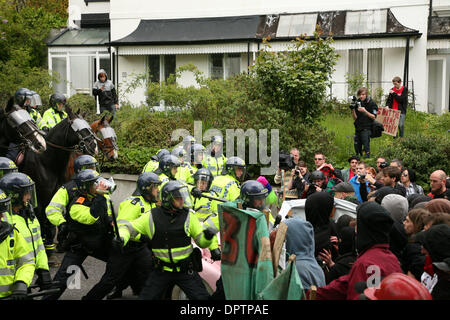 May 04, 2009 - Brighton, England, United Kingdom - At least four protesters Injured and other have been arrested. Mayday Street party against war and Up to 2000 people took to the streets to protest against EDO MBM/ITT's complicity in civilian deaths and the collusion of local branches of multinational corporations including RBS, HSBC, Lloyds, Barclays and McDonalds in investing in Stock Photo