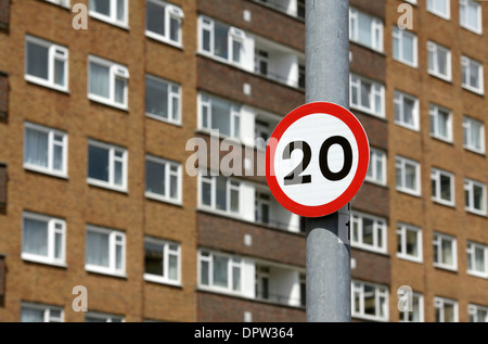 Twenty miles per hour speed limit sign in a residential, built up area, Brighton and Hove, East Sussex. Stock Photo