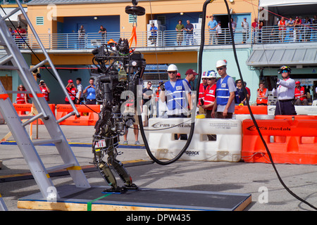 Miami Florida,Homestead,Speedway,DARPA Robotics Challenge Trials,remote controlled,robot,robots,man men male,student students engineering,climbing lad Stock Photo