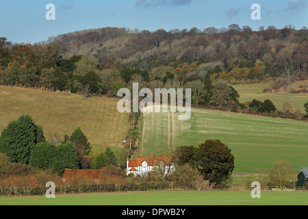 An English Rural Landscape with Timber framed farmhouse in the Chiltern Hills Stock Photo