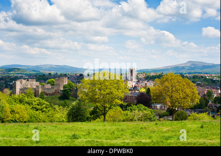 The market town of Ludlow as seen from Whitcliffe Common in spring time, Shropshire, England Stock Photo