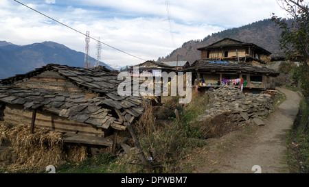 Rumsu village street, Naggar, Kullu Valley, Himachal Pradesh, N. India ...
