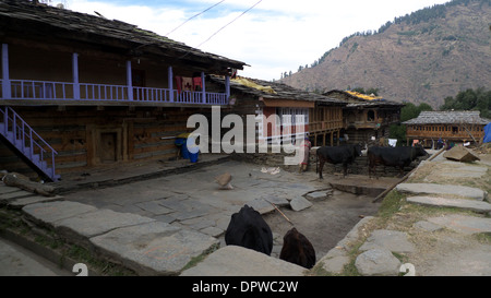 Rumsu village centre, traditional homes, near Naggar, Kullu Valley, Himachal Pradesh, N India Stock Photo