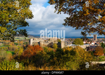 The market town of Ludlow in autumn, as seen from Whitcliffe Common, Shropshire, England. Stock Photo