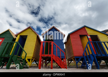 Close up of front of colorful victorian style beach huts or cabanas on Muizenberg beach in South Africa