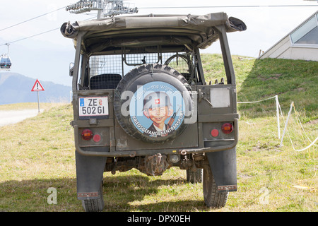 Rear end of Pinzgauer Truck with Mad Magazine mascot Alfred E Neuman on the tyre cover Schmittenhohe Mountain Festival Stock Photo