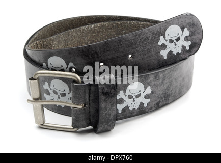 Black leather belt with skull and crossbones isolated on white Stock Photo