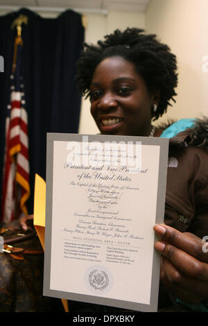 Jan 16, 2009 - Manhattan, New York, USA - MARIBETH WHITE, 22 of Brooklyn holding her ticket. Senator Schumer received this morning New Yorkers that won the presidential inauguration ticket lottery. (Credit Image: © Mariela Lombard/ZUMA Press) RESTRICTIONS: * New York City Newspapers Rights OUT * Stock Photo