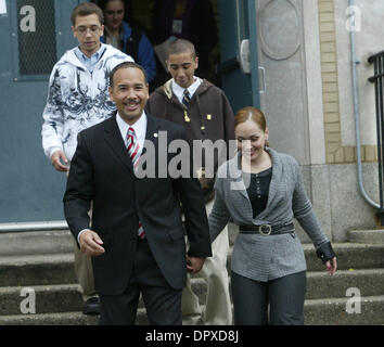 Apr 21, 2009 - Bronx, New York, USA - Bronx borough president candidate RUBEN DIAZ JR. is joined by his wife HILDA and sons RUBEN III and RYAN at the voting table at PS 93 on Story Ave. in the Bronx. (Credit Image: © Mariela Lombard/ZUMA Press) RESTRICTIONS: * New York City Newspapers Rights OUT * Stock Photo