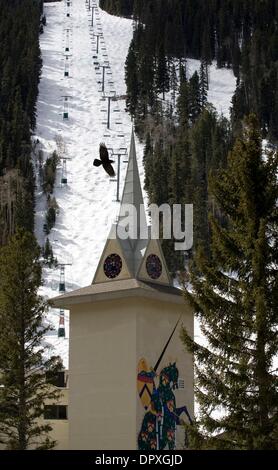 Mar 23, 2009 - Taos , New Mexico, U.S. - Al's Run rises over the spire at the base area in Taos, New Mexico has which has installed a terrain park to accomodate the snowboarders which were new this season, along with two new Extreme runs and a green energy policy for 2009. (Credit Image: Â© Ralph Lauer/ZUMApress.com) Stock Photo