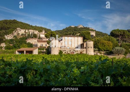 Vineyard and medieval town of Gigondas, Provence France Stock Photo