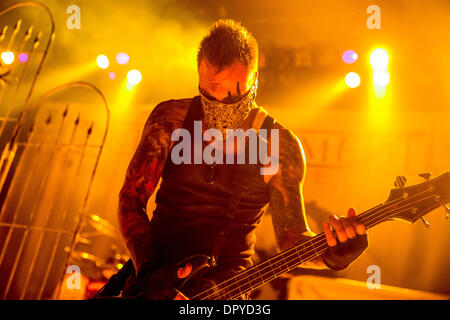 Royal Oak, Michigan, USA. 16th Jan, 2014. Bassist TRAVIS JOHNSON with In This Moment performing on their HellPop II Tour at The Royal Oak Music Theatre in Royal Oak, MI on January 14th 2014 Credit:  Marc Nader/ZUMA Wire/ZUMAPRESS.com/Alamy Live News Stock Photo