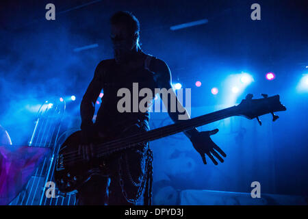 Royal Oak, Michigan, USA. 16th Jan, 2014. Bassist TRAVIS JOHNSON with In This Moment performing on their HellPop II Tour at The Royal Oak Music Theatre in Royal Oak, MI on January 14th 2014 Credit:  Marc Nader/ZUMA Wire/ZUMAPRESS.com/Alamy Live News Stock Photo