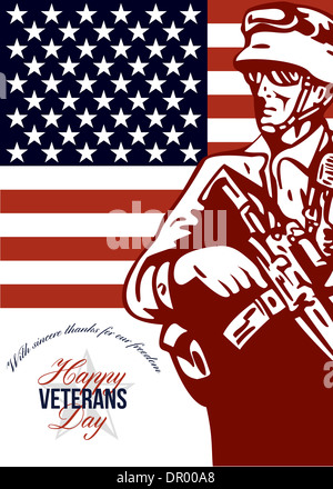 Greeting card poster showing illustration of an American soldier serviceman carrying armalite rifle with stars and stripes flag Stock Photo