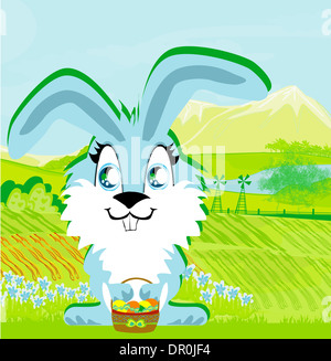 cartoon scene with rabbit on a farm having fun on white background ...