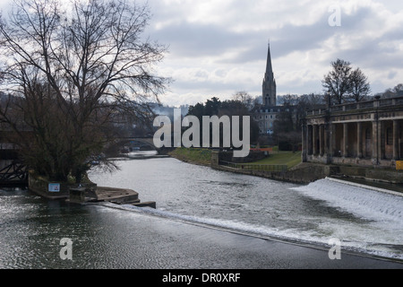 Bath City, Somerset. View across the River Avon to the Grand Parade, the Empire building & 'Saint John The Evangelist' church