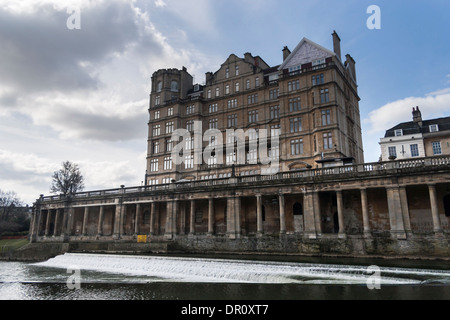 Bath City, Somerset. View across the River Avon to the Grand Parade and the Empire Building.