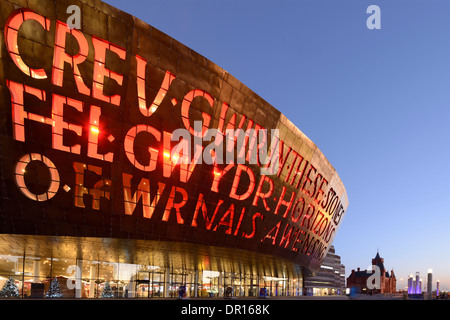 The Millenium Centre lit at night at Cardiff Bay, Wales. Stock Photo