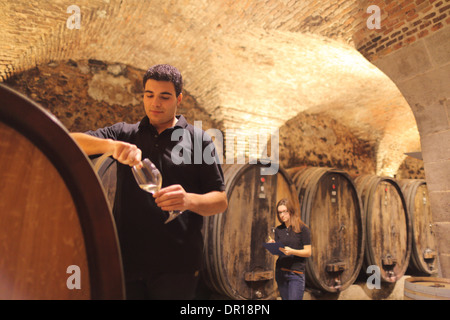 cellarmaster controlling wine in a wine cellar Stock Photo