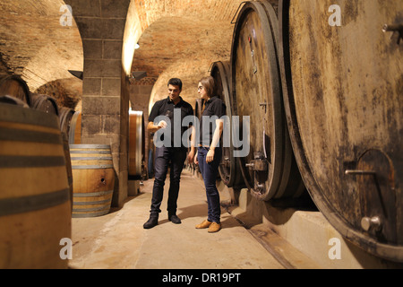 cellarmaster controlling wine in a wine cellar Stock Photo