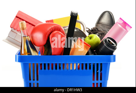 Variety of consumer products in plastic shopping basket isolated on white Stock Photo