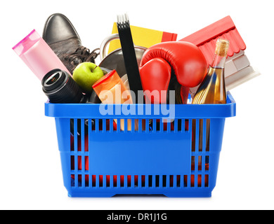 Variety of consumer products in plastic shopping basket isolated on white Stock Photo