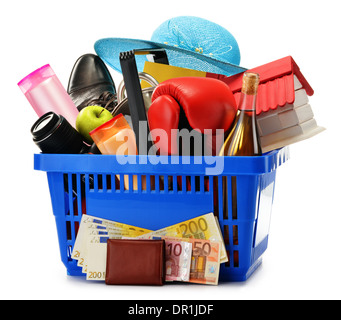 Variety of consumer products in plastic shopping basket isolated on white Stock Photo